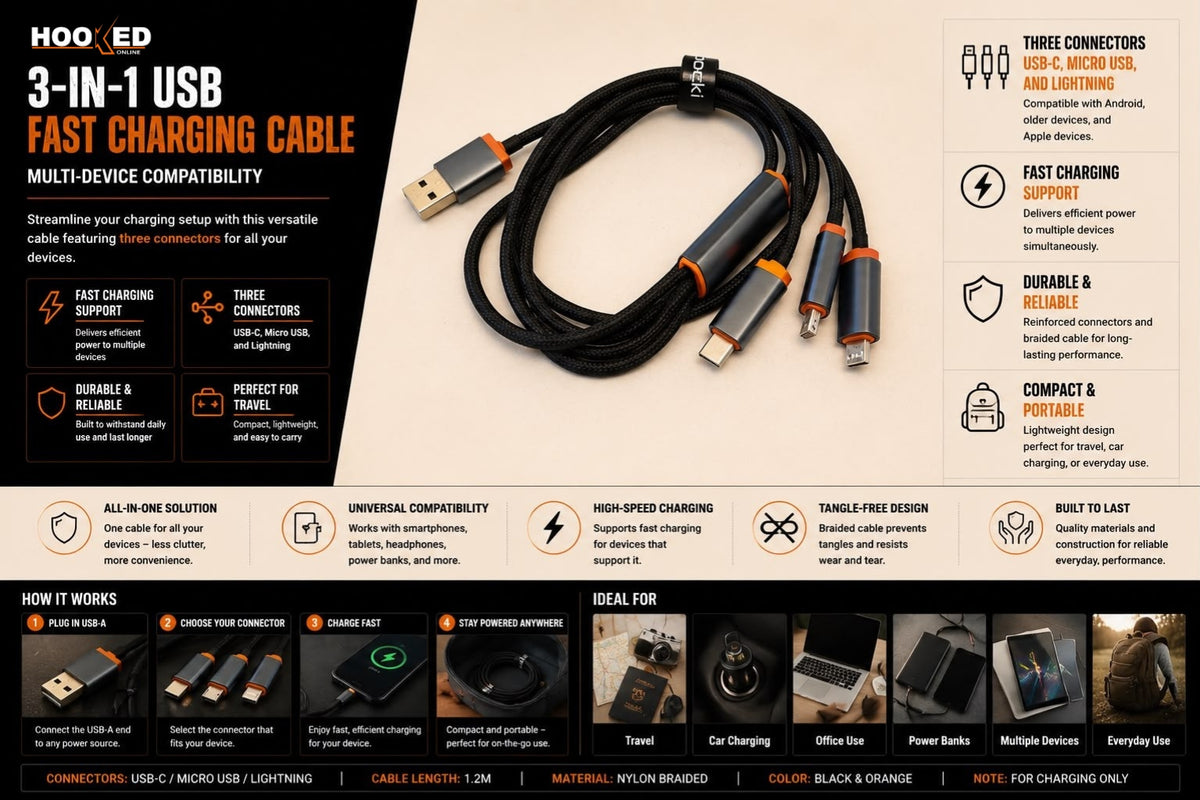 3-in-1 USB Fast Charging Cable – Multi-Device Compatibility