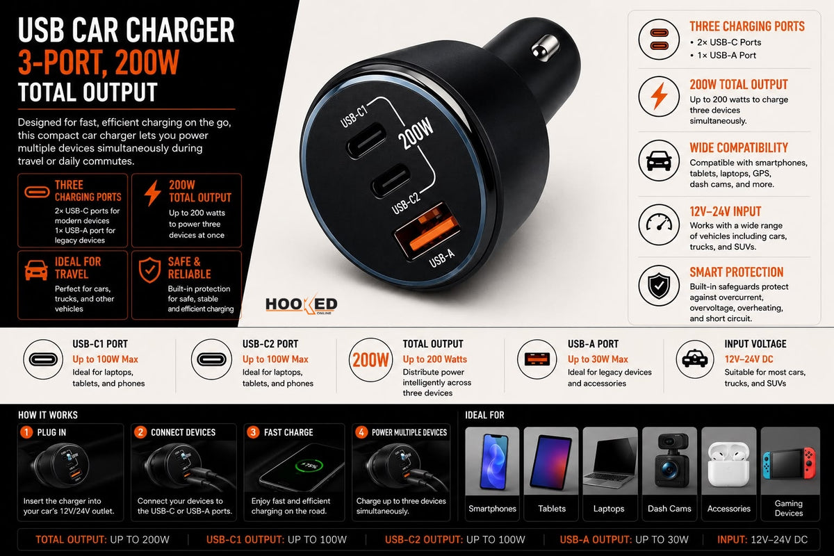 High-Power USB Car Charger – 3-Port, 200W Total Output