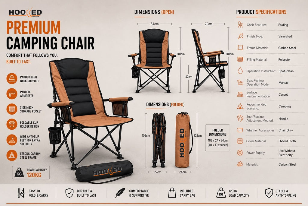 Premium Camping Chair specifications - HOOKED ONLINE