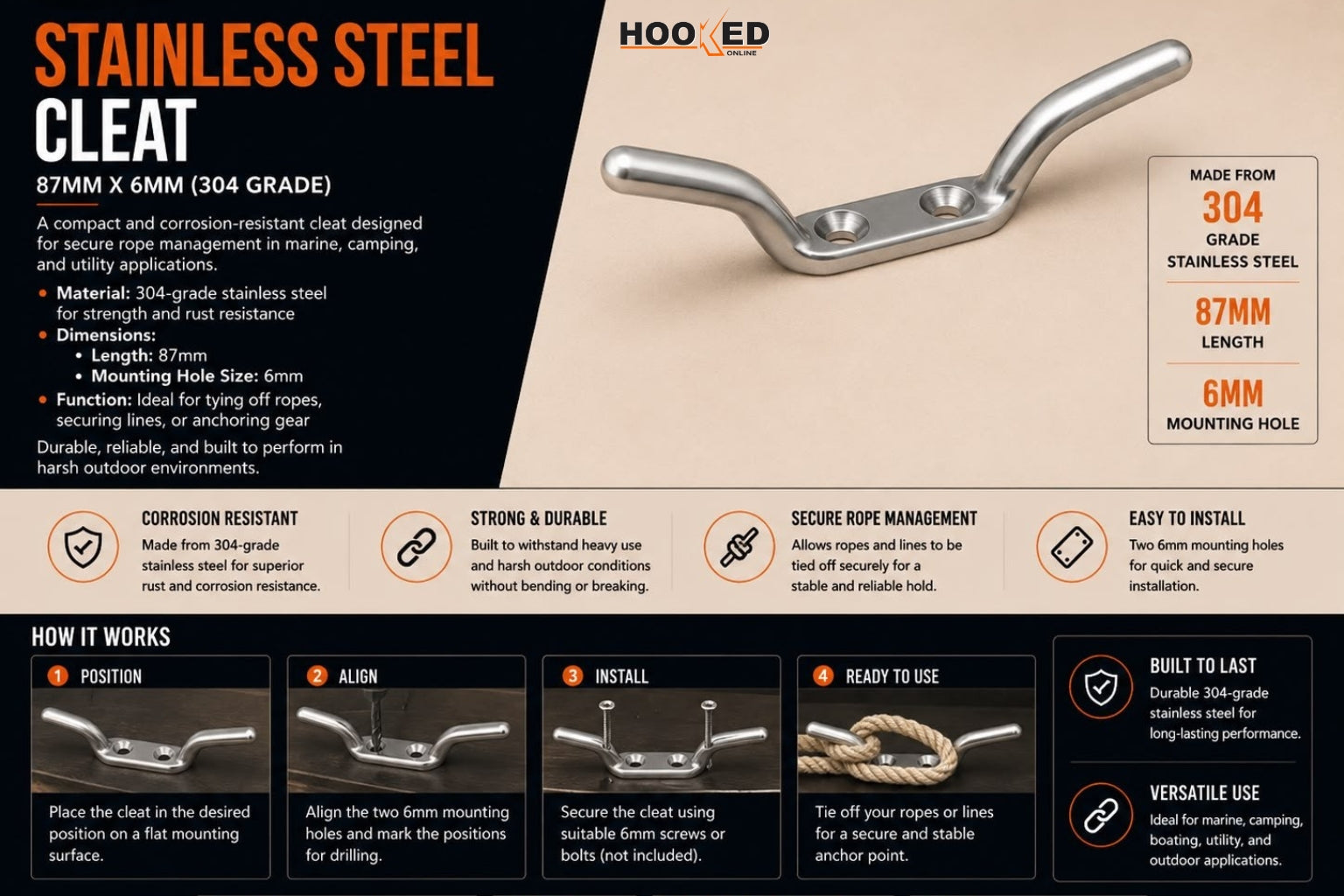 Stainless Steel Cleat – 87mm x 6mm (304 Grade)