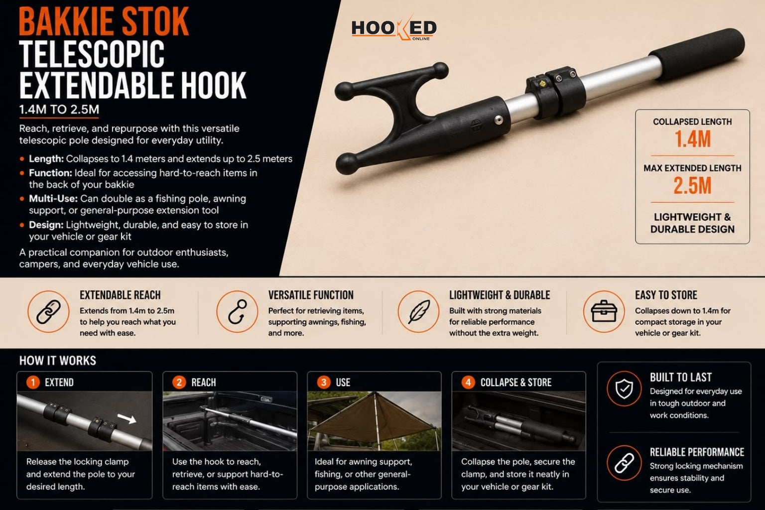 Bakkie Stok – Telescopic Extendable Hook (1.4m to 2.5m)
