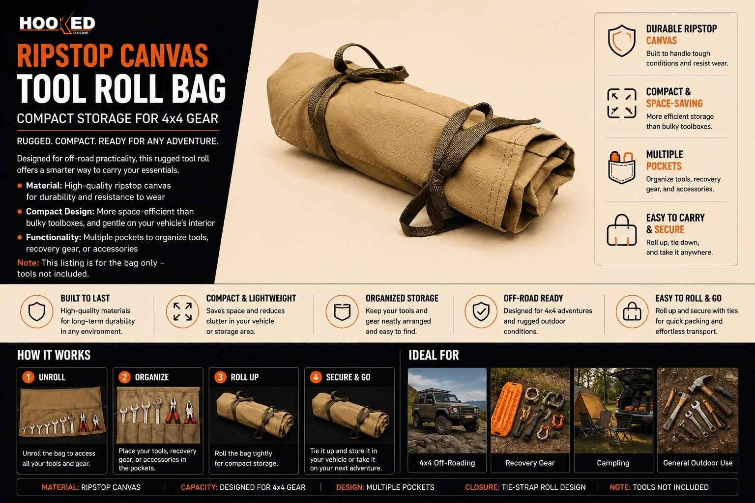 Ripstop Canvas Tool Roll Bag – Compact Storage for 4×4 Gear