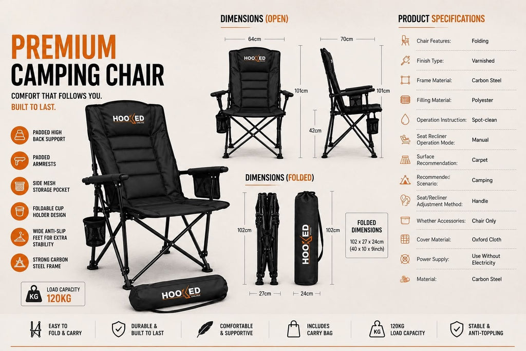 Premium Camping Chair tan specifications - HOOKED ONLINE