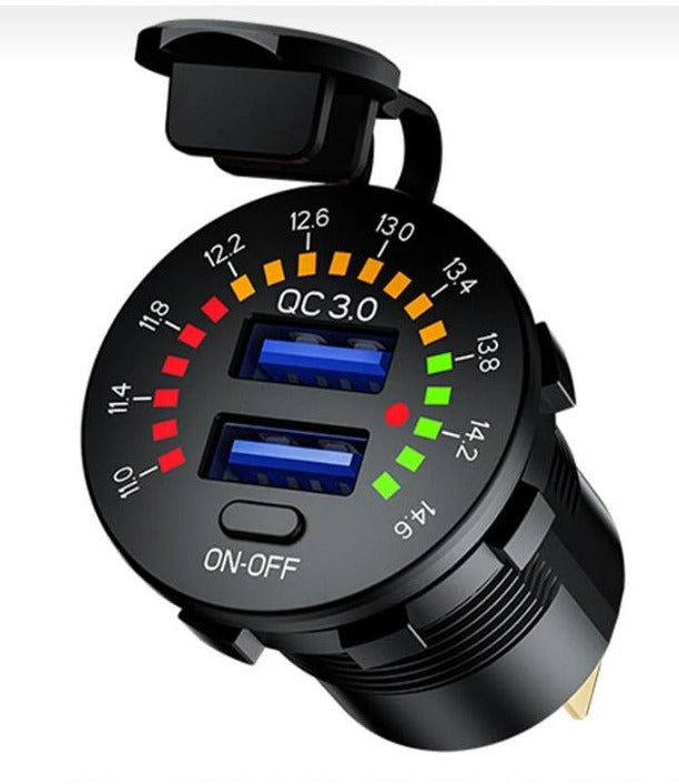 Round Dual USB Charger with Voltmeter &amp; Power Switch – 2×2.1A Output