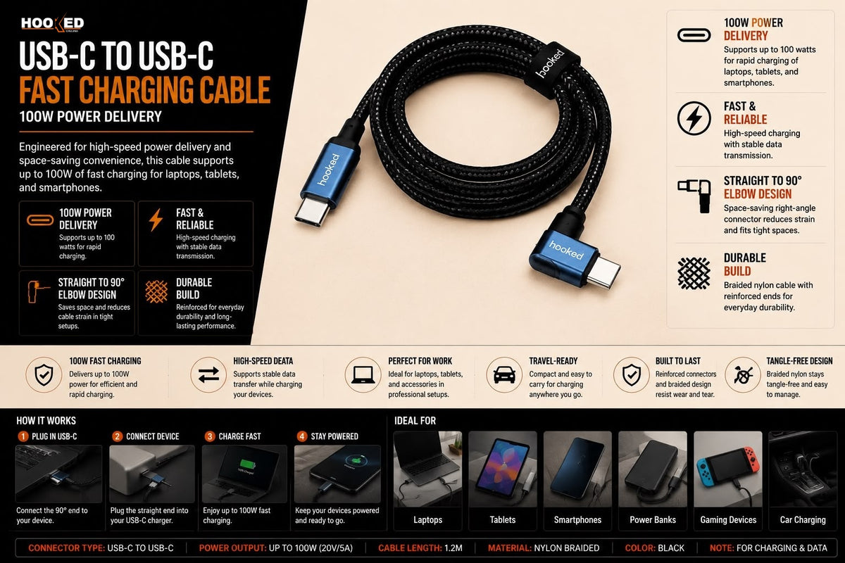 USB-C to USB-C Fast Charging Cable – 100W, Straight to 90° Elbow Design
