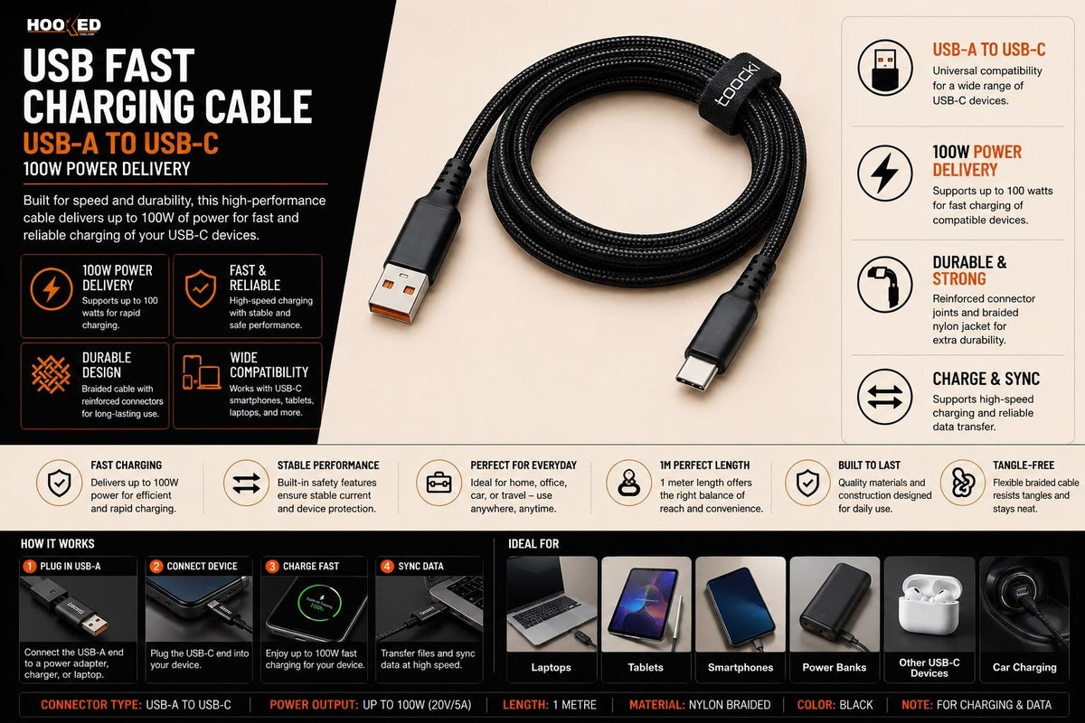 Toocki USB Fast Charging Cable – Type-A to Type-C (100W, 1m, Black)